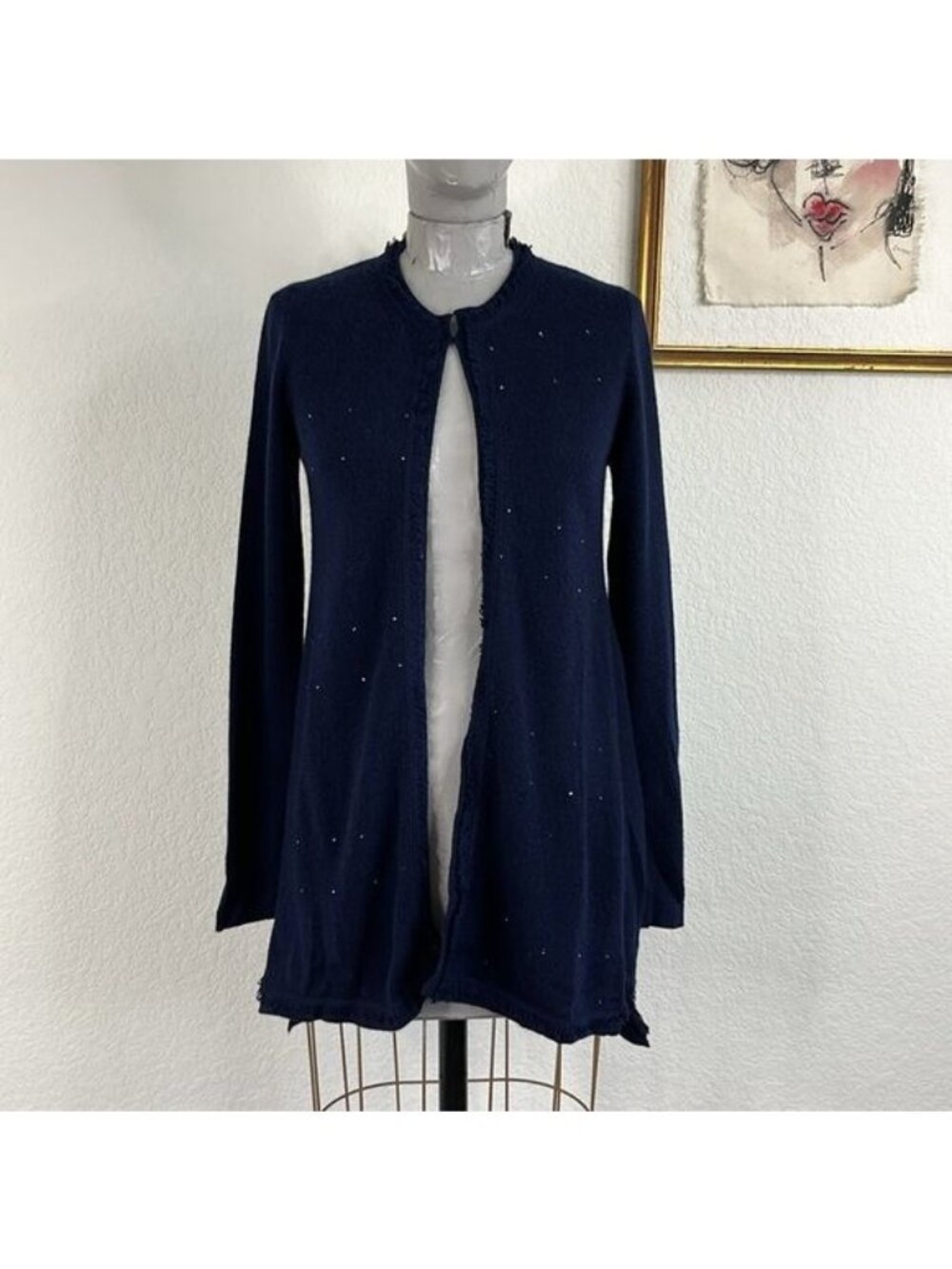 Rani Arabella Cashmere Fringe Open Front Swarovski Rhinestone Cardigan Loro Pian